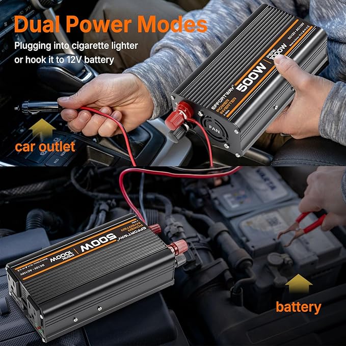 500W Power Inverter, Inverter 12V to 110V with 2 AC Outlets, 2.1A USB Port, Car Power Inverter with Alligator Battery Clamp for Phone, Laptop on Camping, Road Trip