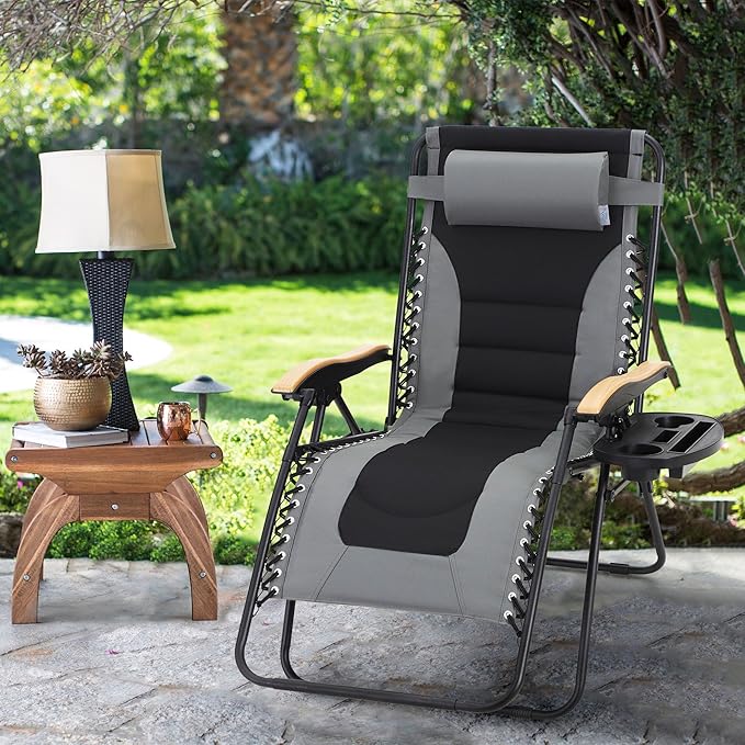MAISON ARTS Oversized XXL Padded Zero Gravity Chair, 30" Wide Seat Foldable Patio Recliner, Anti Gravity Outdoor Lawn Chair with Cup Holder & Pillow, Supports 400lbs, Grey