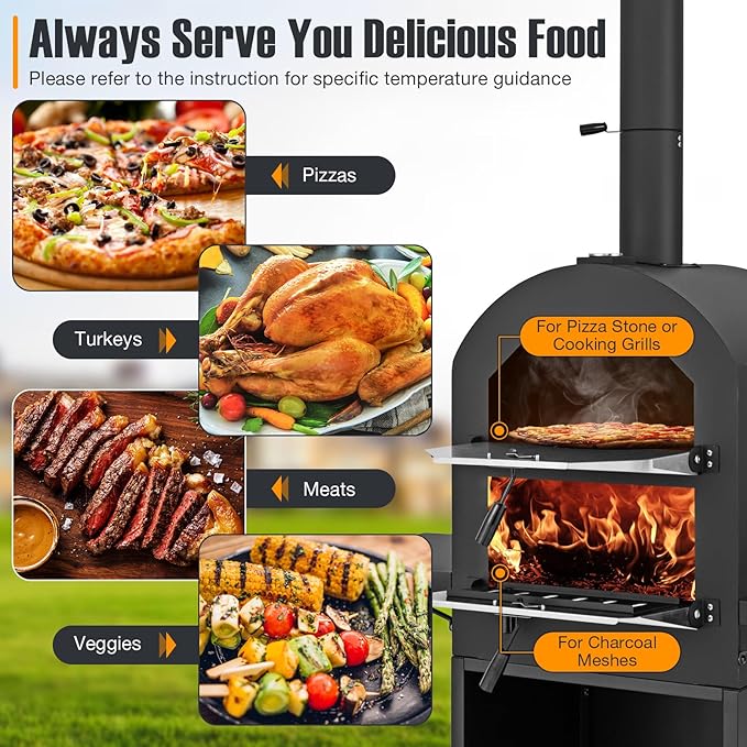 LDAILY Outdoor Pizza Oven, Wood Fired Pizza Maker with Side Shelves, Cooking Grids, Cover, Pizza Stone & Peel, Patio Portable Pizza Stove for Backyard, Camping & Party, Black