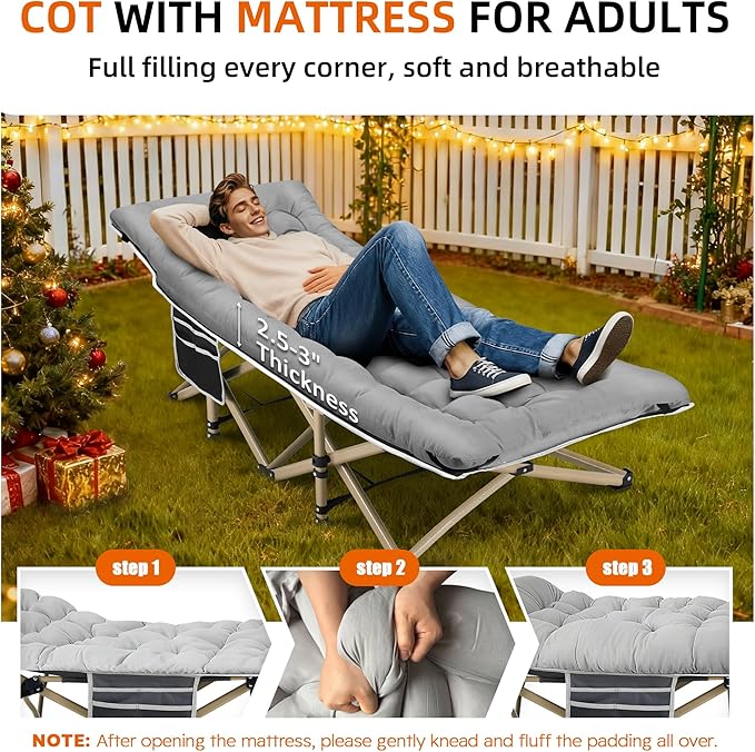 Portable Camping Cot, 600LBS Max Load, Extra Wide with Thick Mattress, Folding Cot for Outdoor Camping/Office, Home Nap (Grey)