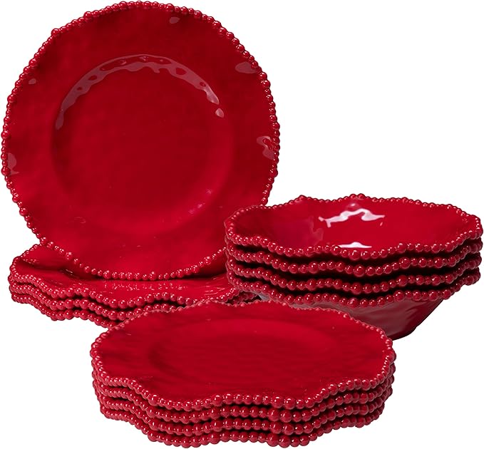 12 pcs Christmas Holiday Melamine Dinnerware Set, Ruffled Rim With Beaded Plates and Bowls Set of 4, Lightweight yet Durable Dishes tableware Set, Ideal for parties, camping, and RV trips