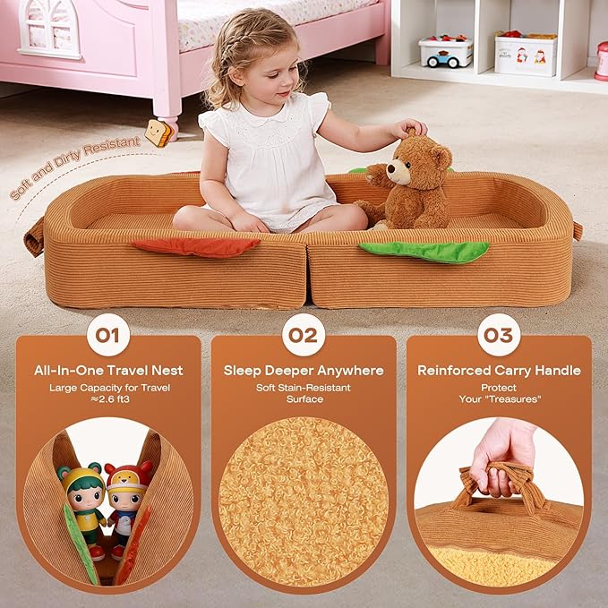 Toddler Travel Bed Sandwich Style - Portable Toddlers Floor Beds, Foldable Soft Foam Travel Crib for Baby and Kid, Washable Cover Toddler Cot with Safety Rail for Travel, Medium Size