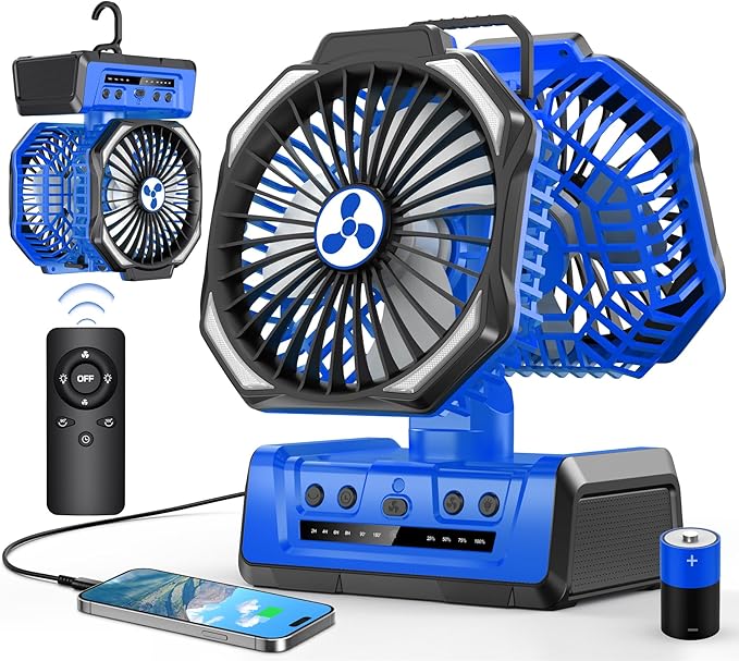 Dual Head Portable Rechargeable Fan 20000mAh Battery Powered Camping Fan Cordless with LED Lantern & Remote, Auto Oscillation, Hook, Battery Operated for Tent Office Travel Picnic Jobsite Orange