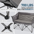 Oversized Double Camping Chair for Adults - Heavy Duty Folding Loveseat Support 700 lbs, Extra Wide 2 Person Camping Couch with Thick Padding, Cup Holders & Storage Bag, Grey