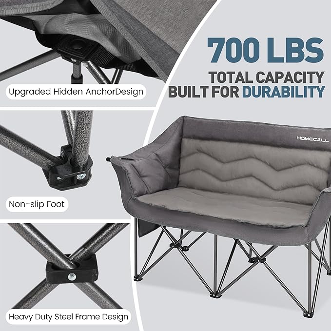 Oversized Double Camping Chair for Adults - Heavy Duty Folding Loveseat Support 700 lbs, Extra Wide 2 Person Camping Couch with Thick Padding, Cup Holders & Storage Bag, Grey