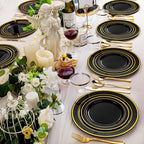 bUCLA 300PCS Black and Gold Disposable Dinnerware Set - 50 Guests Black Plastic Plates with Gold Rim Include 50 Dinner / 50 Dessert Plates, 50 Forks,50 Knives,50 Spoons&50 Cups for Party&New Year