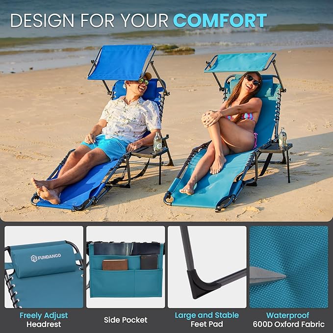 FUNDANGO 4 in 1 Tanning Chair with Face Hole & Canopy Shade, 400lbs Beach Lounge Chair with Side Table Chaise Lounge Chairs for Patio, Pool, Lawn, Sunbathing, 5-Position Adjustable Sun Lounger,Cyan