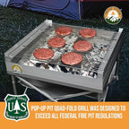 Fireside Outdoor Pop-Up Fire Pit Grill Grates - Folding Campfire Grill Grate Over Fire Pit Grate, Portable BBQ Grills, Camping Cooking, Camping Essentials, Outdoor Cooking - Quad-Fold Grates