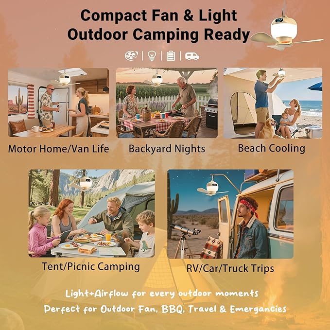Camping Fan with Light & Remote, Portable Ceiling Fan for Tents, Canopy, Beach, RV, Car, Camper & Outdoor, Wireless Rechargeable Hanging Pop Up Tent Fans - 3 Speed Breeze & Timer
