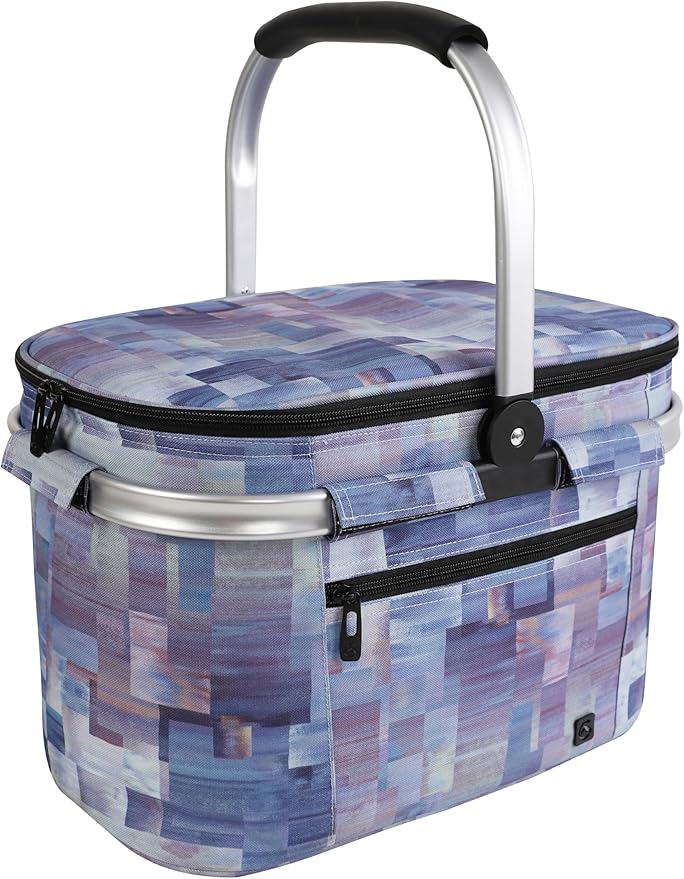 ALLCAMP Picnic Basket - Insulated Cooler, Thickening Foldable Picnic Basket with Removable Baskets & Sewn-in Frame, Basket for House Warming Gifts New Home(Purple Pattern)