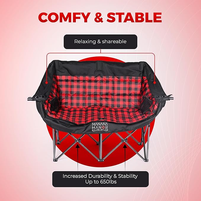 Double Camping Chair - Up to 650lbs - 2 Person Portable & Foldable Extra Padded Camping Couch - Cup Holder & Carry Bag Included - for Patio, Beach, Lawn, RV, Camping, Tailgate