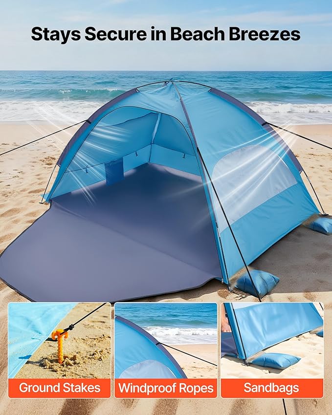 VEVOR Beach Tent Sun Shelter for 4 Person, UPF 50+ Protection, Portable Sun Shade Beach with Carrying Bag & Sand Pockets, Lightweight and Easy Setup Beach Umbrella for Camping Fishing Outdoor Picnic