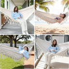 Portable Hammock, Hanging Hammock with Tassels and Fishtail Knitting, 320GSM Hanging Bed with Set Full Accessories for Outdoor Camping Patio Balcony Beige