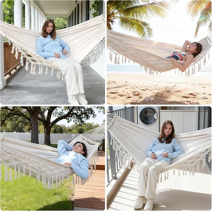 Portable Hammock, Hanging Hammock with Tassels and Fishtail Knitting, 320GSM Hanging Bed with Set Full Accessories for Outdoor Camping Patio Balcony Beige