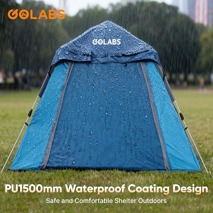 Golabs 3 Person Camping Tent w/ 9.5x8.5 ft Canopy, 3-Minute Setup by Pre-Attached Pole, PU1500mm Waterproof, 4 Side Mesh Tent Top & Door & Ventilation, Portable Family Tent w/Carry Bag & Pocket & Hook