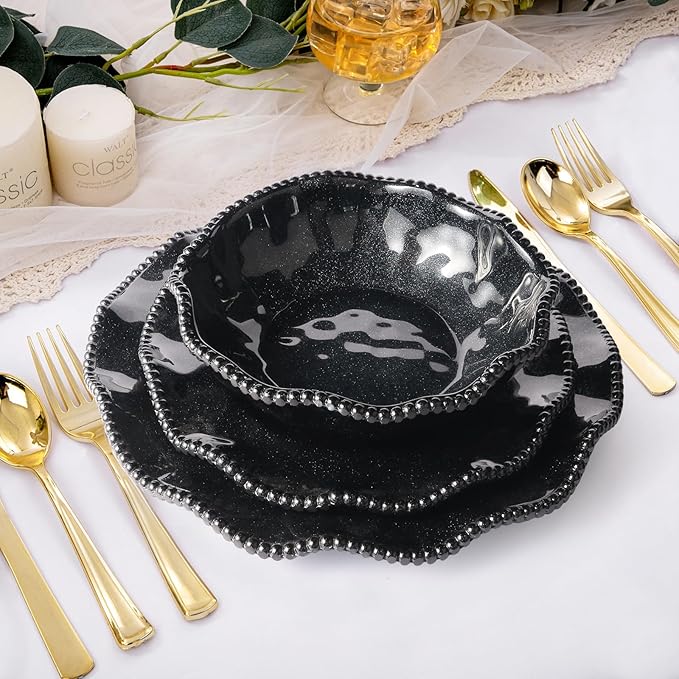 Melamine Dinnerware Sets Service for 4, Black Plates and Bowls Set with Beaded Edge, BPA Free Dishwasher Safe, Heavy Duty Shatterproof Unbreakable Tableware for Hallowmas Party Camping Outdoor