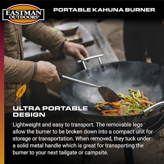 Eastman Outdoors 90411 Portable Kahuna Burner with XL Pot and Wok Brackets with Adjustable and Removable Legs, Black, Pack of 1