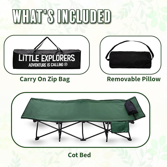 LITTLE EXPLORERS Kids cot, Child Camping and Travel Cot, Kids Cots for Sleeping, Foldable Bed for Kid, Includes Pillow and Bag | Age 3-12 | 60inch