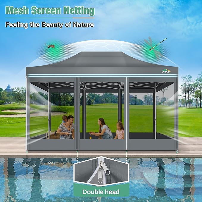COBIZI 10x15 Heavy Duty Pop-Up Canopy Tent With Sidewalls, Waterproof Easy Setup, Mosquito Netting, Outdoor Instant Screen for Parties, Wedding, Backyard - Carry Bag Included, Gray