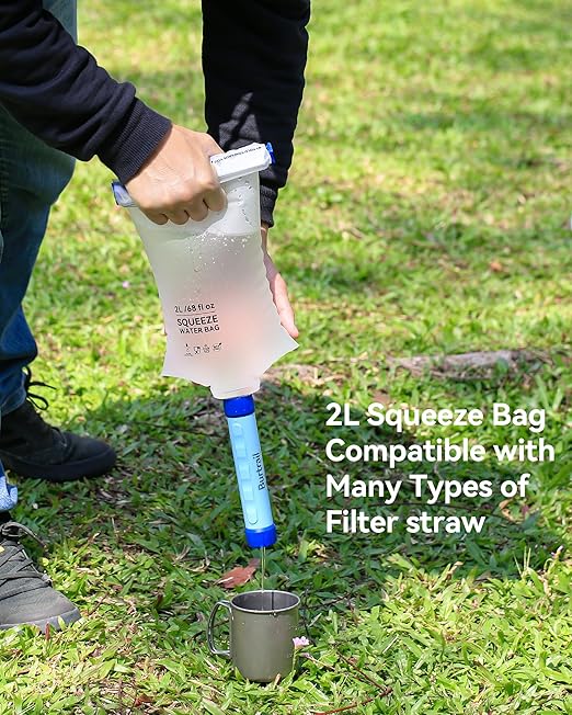 Water Bag 2L Compatible with Squeeze Water Filtration System, Foldable Squeeze Bag for Survival Water Filter Straw, Wide Mouth and 28mm Narrow Mouth Water Container