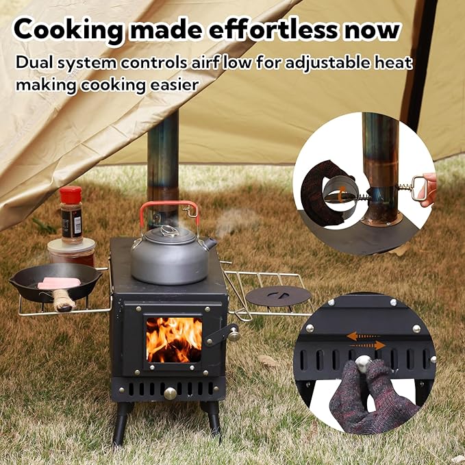 Wood Burning Stove,Tent Stove for Heating,Folding Portable Wood Stove for Tent,Cooking,Courtyard,Camping Stove include Chimney Pipes and Spark Arrestor, Black-LOGO