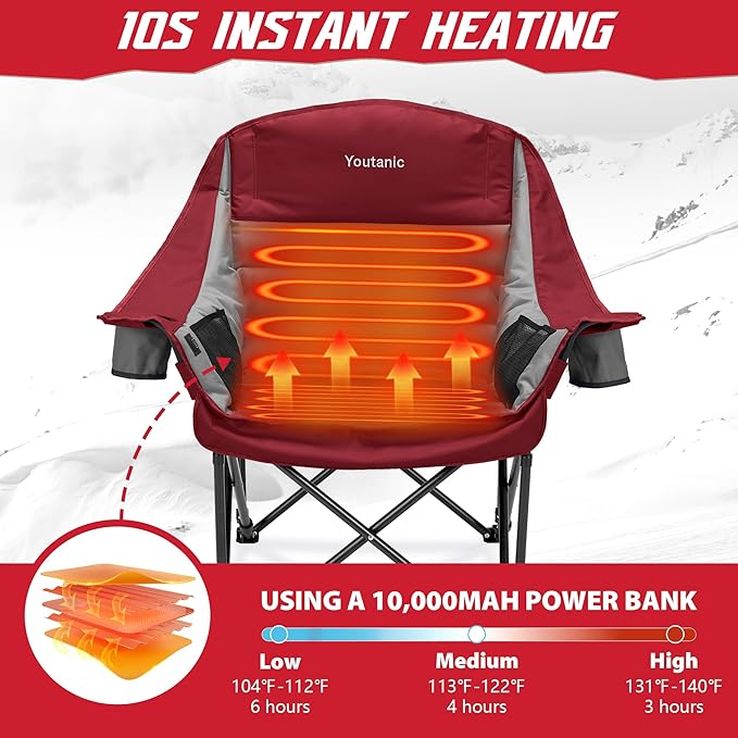 Heated Camping Chair, 3 Heat Levels Oversized Padded Lawn Chair with Side Pockets and Cup Holder, Outdoor Heating Folding Camp Chair for Adults, Fishing, Sports, Picnic, up to 500lbs, Style 3