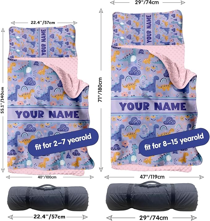 Personalized Toddler Nap Mat for Preschool, Custom Name Kids Sleeping Bag for Daycare, Kindergarten Roll Up Sleeping Mat with Removable Pillow and Soft Blanket, Fun Themes for Boys & Girls