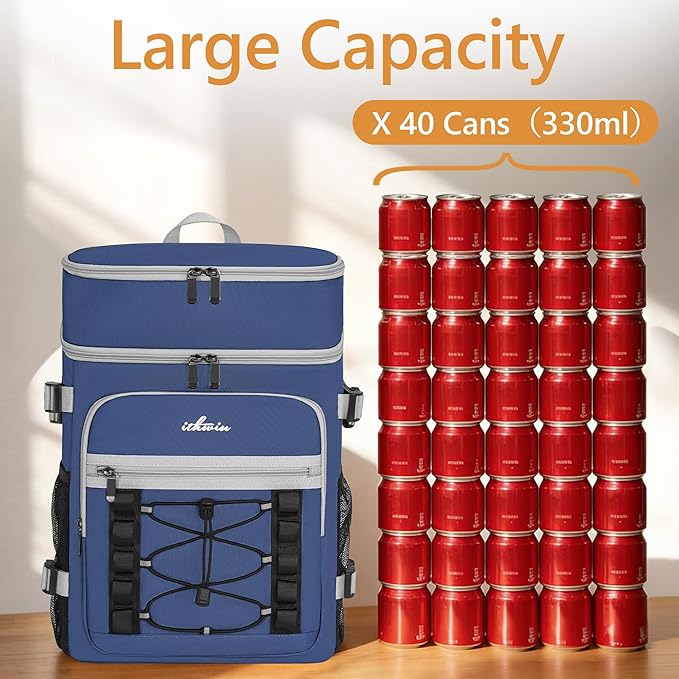 Cooler Backpack, 40 Cans Insulated Lunch Backpack Picnic Backpack for Men&Women, Durable Cooler Bag with 2 Leak Proof Compartments for Picnic, BBQ Camping, Lunch, Beach, Hiking, Blue
