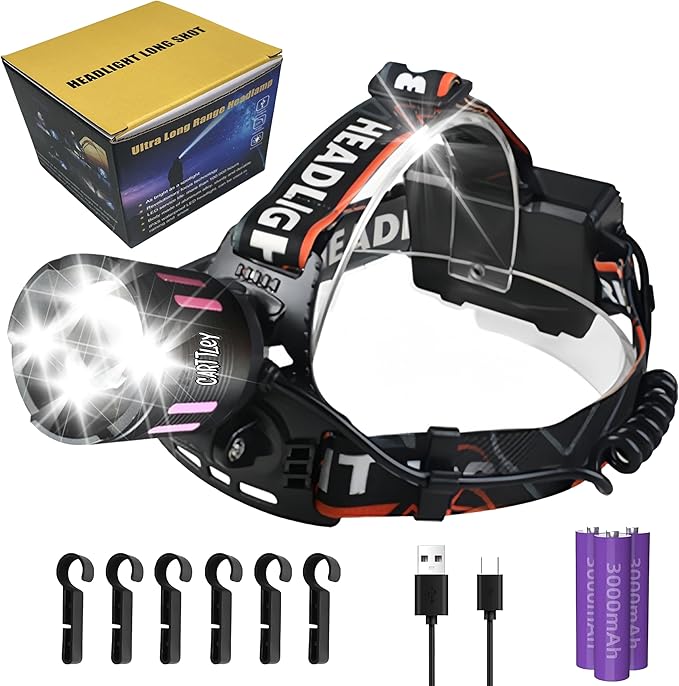 Headlamp Rechargeable 150000LM Bright Head Lamp, 40H Type-C Cable Adjustable Headlight Outdoor, 4Mode Head Lights for Forehead, 90° LED Waterproof Headlamps Adults Camping Hiking