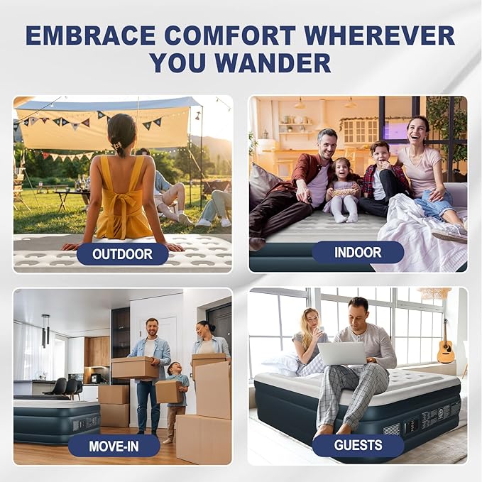 Outvita 18in Queen Air Mattress with Built-in Pump, Quick Assembly Comfort Luxury Blow Up Air Bed Self-Inflation/Deflation - Breathable and Flatness-Free for Guests and Home, Camping, Travel
