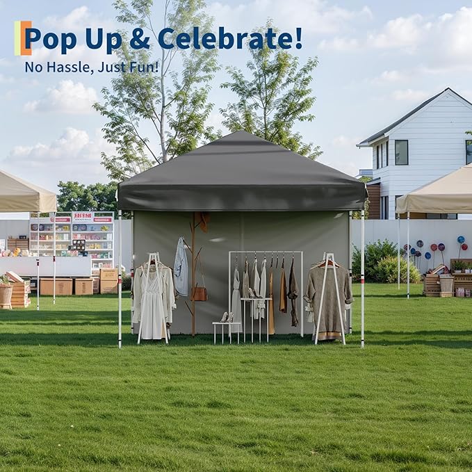 GarveeLife 10x10 Pop Up Canopy with One Button Push Setup - Heavy Duty Outdoor Canopy Tent with Portable Roller Bag - 3 Adjustable Height, 4 Weight Bags, 8 Stakes & 4 Guy Ropes Included, Grey