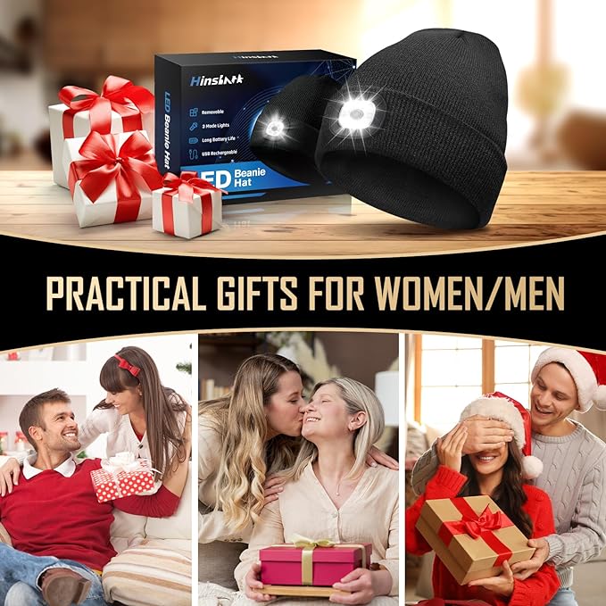 Gifts for Men, LED Beanie Hat with Light, Anniversary Birthday Gifts for Men Dad Him Husband Grandpa Boyfriend, Unisex Rechargeable Headlamp Knitted Cap Gifts, Camping Hiking Accessories Cool Gadgets