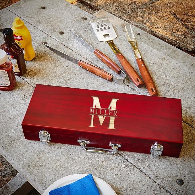 Personalized Outdoor Grill Accessories with Wood Box for Family Parties and Camping by HomeWetBar - Custom Barbecue Tools for Grilling