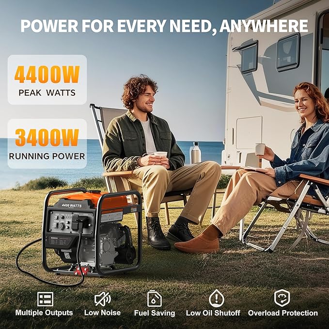 4400 Watts Portable Open Frame Inverter Generator, Gas Powered Generator with ECO Mode, Low Oil Shutoff, Lightweight & Quiet for Home Use and Emergency Backup, Camping, EPA Compliant