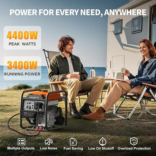 4400 Watt Open Frame Inverter Generator, Gas Powered Portable Generator for Home Backup, RV Ready 30A Outlet, ECO Mode, Low Oil Shutoff, Quiet Operation, EPA Compliant