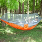 LFL Portable Camping Hammock with Mosquito Net, 1-2 Person Outdoor Swing Hammock, Nylon Parachute Material, Outside Quick Opening, Hiking Travel Courtyard (Orange)