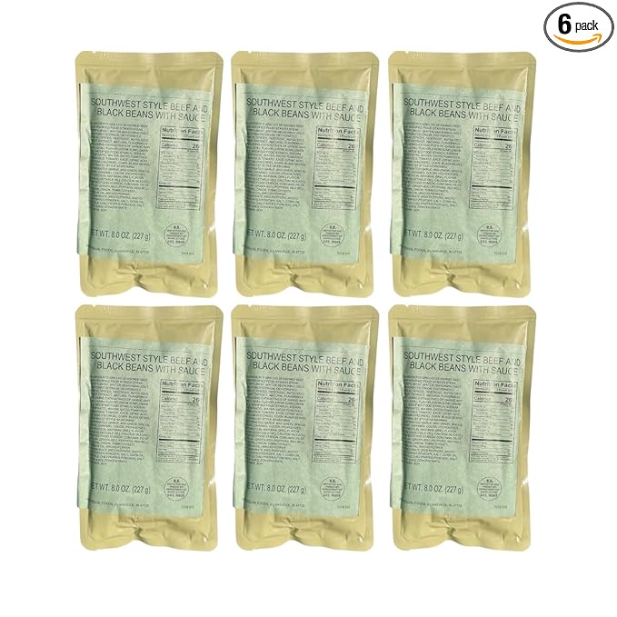 MRE (Meal-Ready-to-Eat) | Single Serving Entree | Emergency Meals | Survival Food | Fresh Dates | Long Shelf Life | Made in USA (6-Pack, Southwest Style Beef and Black Beans)