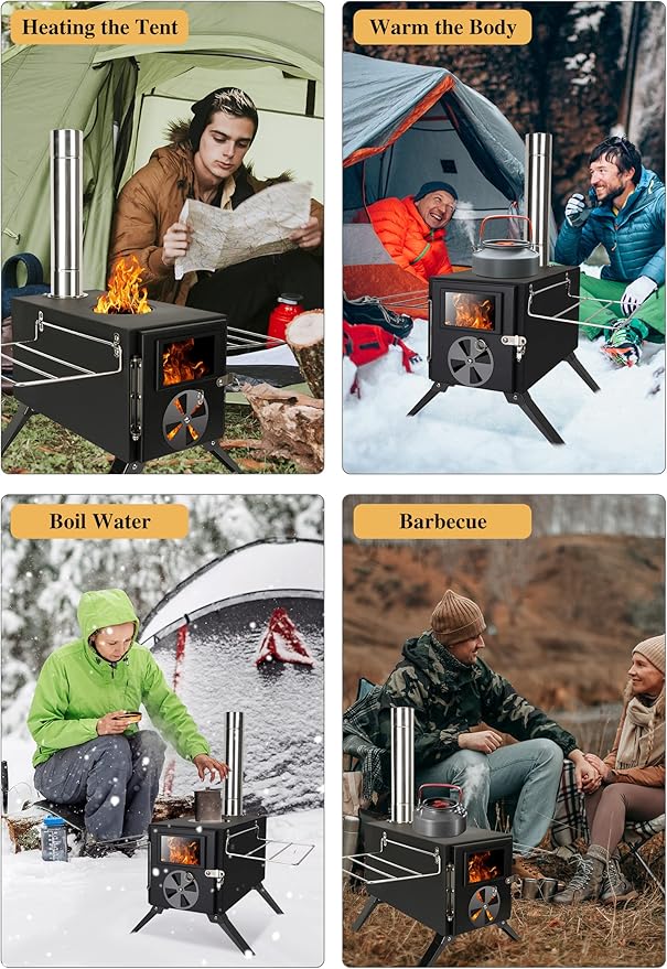 Camping Stove for Hot Tents, LAMA 304 Stainless Steel Wood Burning Stove with Stainless Wall Chimney Pipes for Tents, Shelter, Outdoor Portable Stove for Camping Heating and Cooking