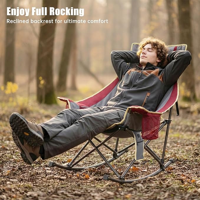 SUNNYFEEL Heated Rocking Camping Chair 2 Pack Fully Padded Patio Folding Chair Portable Oversized Outdoor Rocker High Back Lawn Recliner with Side Pocket Camp Rocker Chairs for Adults 500 LBS Red