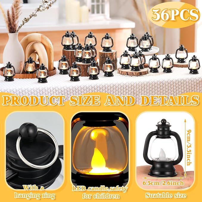 Ferraycle 36 Pcs Mini Lantern Decor 4 Inch Western Lantern Table Centerpiece Small Vintage Camping Hanging Lamp Ornaments Bulk for Cowboy Cowgirl Wedding Halloween Christmas (4 Inch,Black)