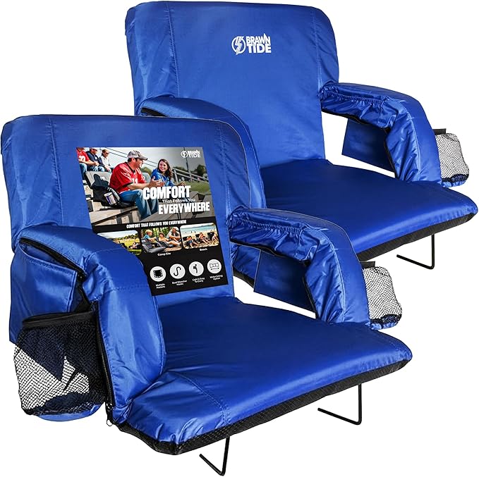 BRAWNTIDE Stadium Seat for Bleachers with Back Support - Wide Padded Reclining Bleacher Seat, Portable Folding Stadium Chair with Armrests, Hooks, Straps, Cup Holders & Pockets for Games & Concerts