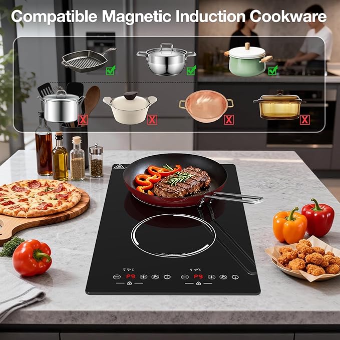 Double Induction Cooktop 2300W, Portable Induction Stove Hot Plate with 9-Level Independent Touch Control, Safety Lock, 2H Timer for Easy & Safe Cooking in Apartments, RVs, Camping and Outdoor