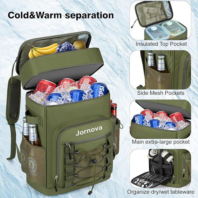 Insulated Cooler Backpack, 40L Leakproof Backpack with Double Compartments for Men & Women, Large Lunch Cooler for Camping, Beach, Travel, Picnic, Up to 48 Cans