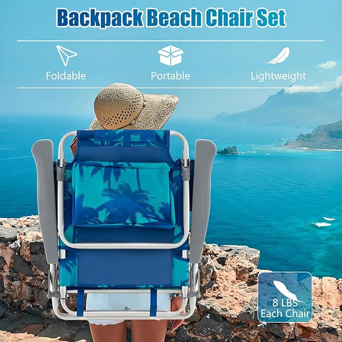 GYMAX Beach Chairs, Backpack Camping Chair with Armrest, Cooler Bag, Cup Holder, Towel Bar & Side Pockets, Sunbath Sling Tanning Lounge, Folding Layout Chair (4 Chairs Without Table, Coconut Tree)