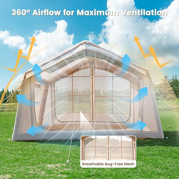 ABORON 2/6/8/10/12 Person Inflatable Camping Tent, Easy Setup Blow Up Tent with Hand Pump, PU3000mm Waterproof & Breathable 4 Season Glamping Tent for Outdoor Camping