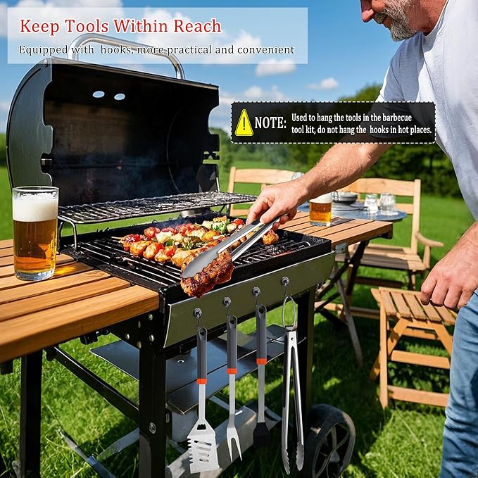 15-Piece Grill Set, BBQ Grilling Accessories with Tongs & Spatula, Stainless Steel Grill Utensils Set with Hooks & Apron Storage Bag for Outdoor Cooking, Camping, Practical Gifts for Men Dad