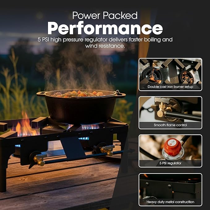 GasOne Double Propane Burner with Adjustable Height 4-Tier Removable Legs for Outdoor Cooking – High Pressure Camping Accessories Camp Stove – Cast Iron Portable Stove Top - Patent Pending
