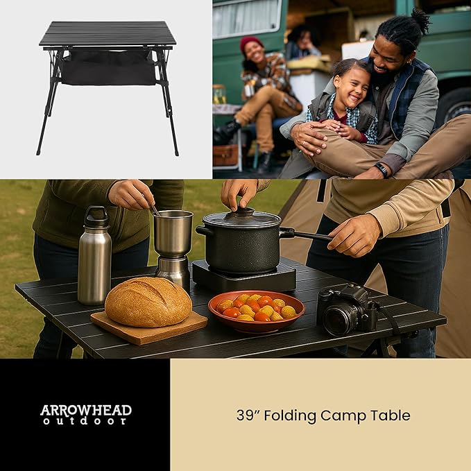 ARROWHEAD OUTDOOR 39" Aluminum Folding Camp Roll Up Table w/Adjustable Height, Undertable Mesh Storage, Carry Bag
