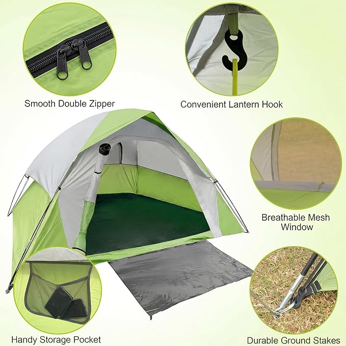 XL 4 Person Dome Camping Tent, Double Layer Waterproof, Removable Rain Fly, for Outdoor Hiking, Fishing