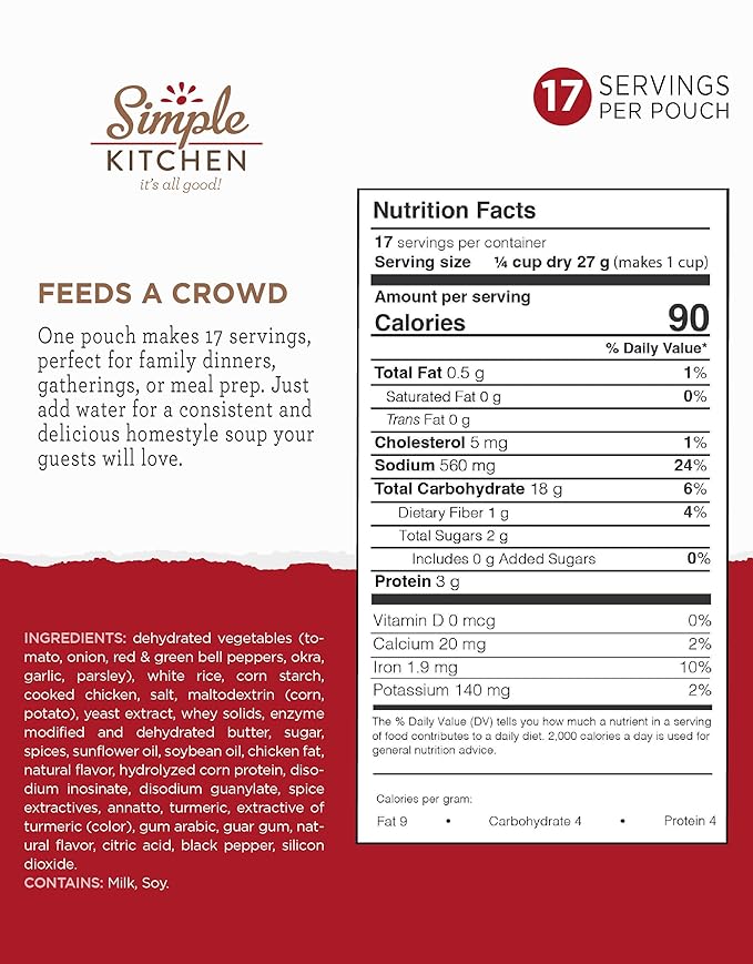 Simple Kitchen Chicken Gumbo Soup Mix - 17 Servings for Family Meal Prep, Gluten Free, Dehydrated & Freeze Dried Survival Food for Camping Meals, Backpacking & Hiking, Survival Kit, Pack of 4